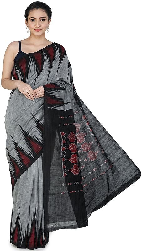 Drizzle-Gray Pochampally Handloom Sari from Telangana with Ikat Woven Black Border and Pallu