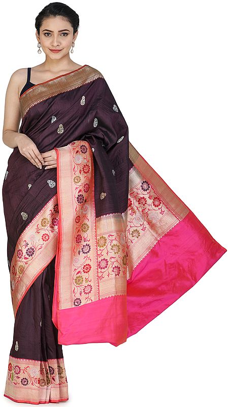 Blackberry-Wine Handloom Banarasi Silk Brocaded Sari with Heavy Kadhwa Border and Pallu