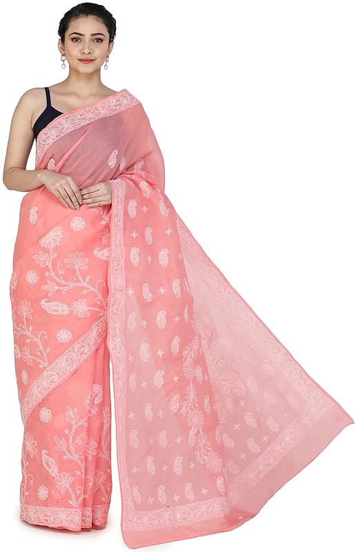 Salmon-Pink Sari from Lucknow with Chikan Hand-Embroidered Paisleys and Flowers on Anchal