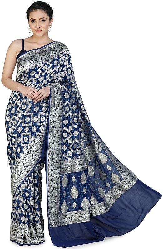 Medieval-Blue Banarasi Handloom Sari with Heavily Brocaded Patterns  All-over and Floral Pallu