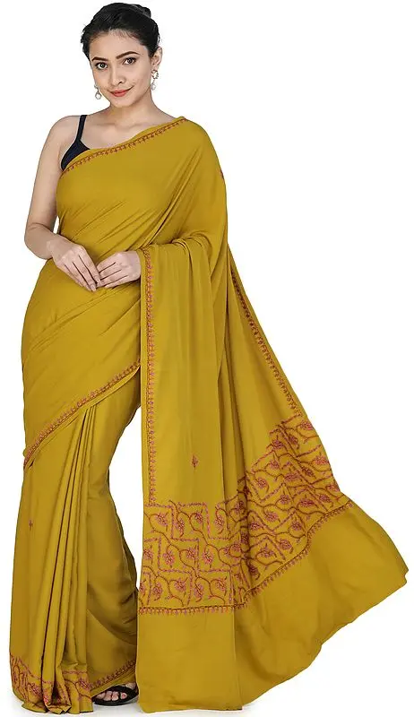 Olive-Yellow Sari from Kashmir with Sozni Hand-Embroidery