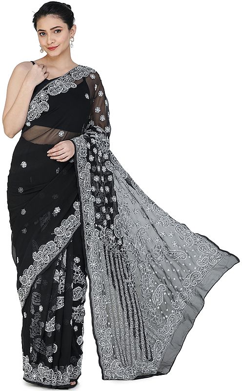 Black-Onyx Sari from Lucknow with Chikan Hand-Embroidered Paisleys and Flowers on Anchal