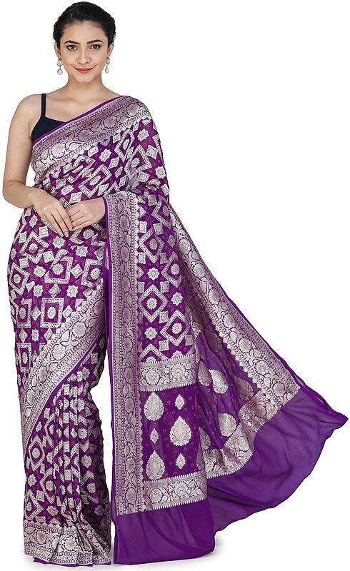 Royal-Lilac Banarasi Handloom Sari with Heavily Brocaded Patterns  All-over and Floral Pallu