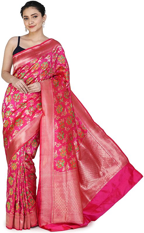 Pink-Peacock Handloom Banarasi Sari with Brocaded Hand-woven Kadhwa Floral Motifs All-over and Heavy Pallu