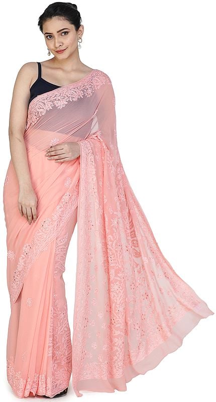 Candlelight-Peach Lukhnavi Chikan Sari with Floral Hand-Embroidery All-over