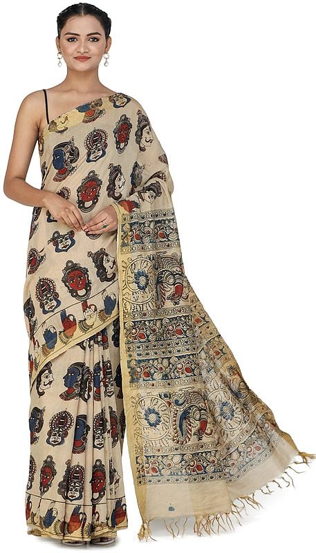 Beige Kalamkari Sari from Telangana with Goddess Laxmi and Peacocks on Pallu