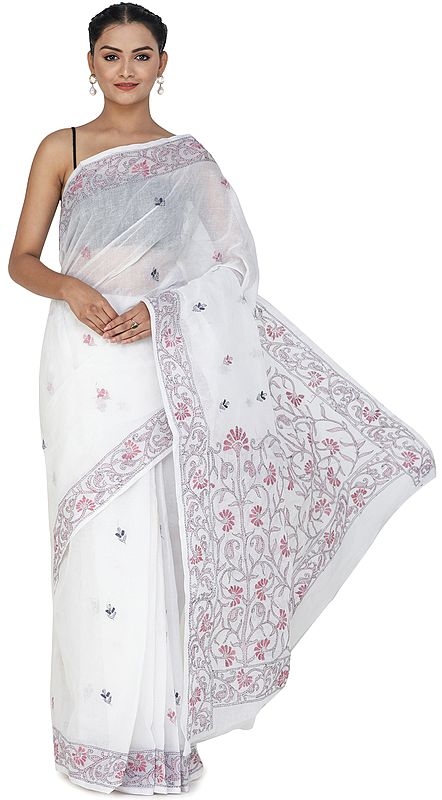 Bright-White Sari from Bengal with Kantha Hand-Embroidery on Border and Pallu