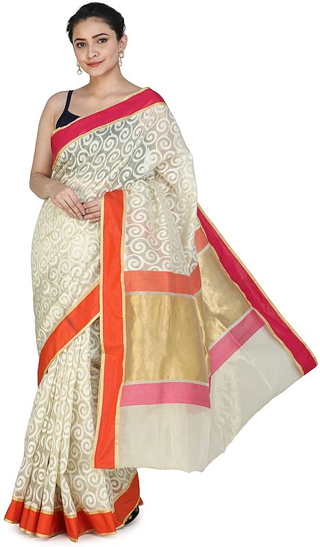 Seedpearl-White Banarasi Silk Brocaded Kora Sari with Woven Spirals