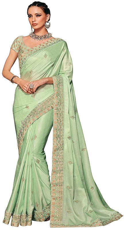 Meadow-Mist Designer Sari with Floral Embroidery in Tonal Thread and Beads