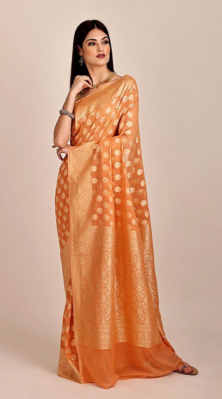 Beautiful Pure Chiffon Peach-Nectar Banarasi Saree (With Unstitched Blouse)| Handloom Zari Woven | Handmade | Made In India