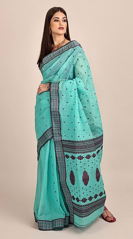 Sea-Blue Pure Cotton Hand Woven Bangail Tant Saree With Unstitched Blouse
