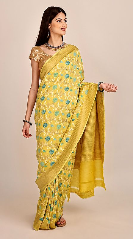 Pure Chiffon Golden-Haze Banarasi Saree (With Unstitched Blouse)| Handloom Zari Woven | Handmade | Made In India
