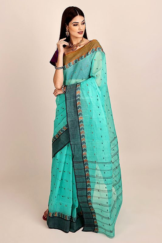 Sea-Green Pure Cotton Hand Woven Tant Sari from Bangal