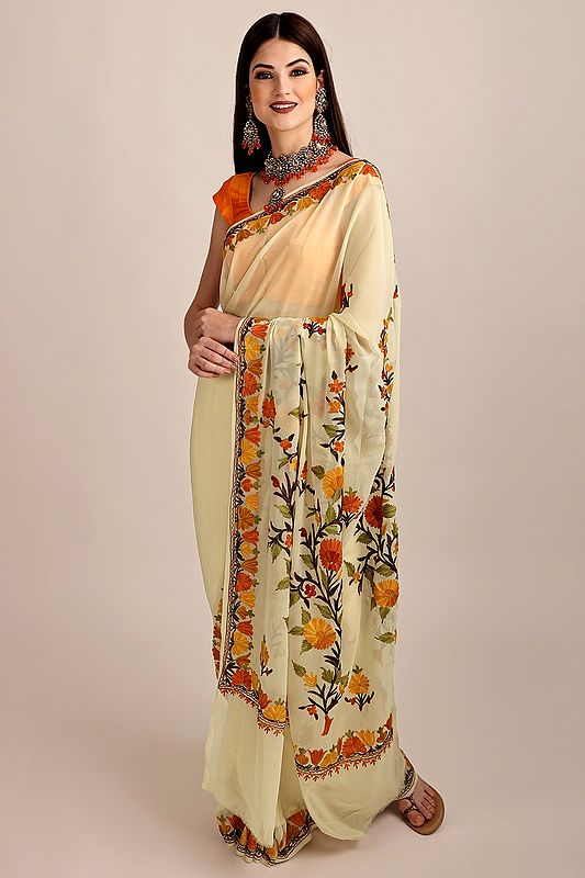 Cream Aari-Embroidered Georgette Sari From Kashmir