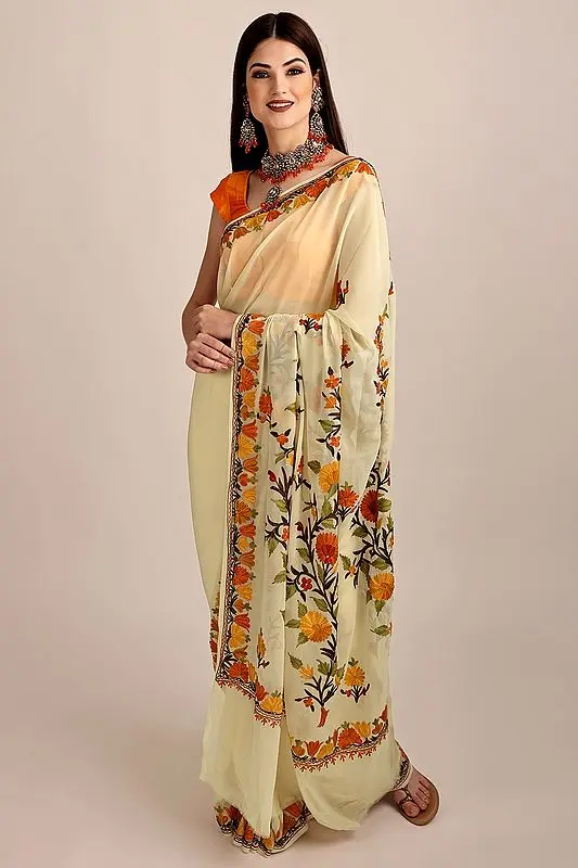 Cream Aari-Embroidered Georgette Sari From Kashmir