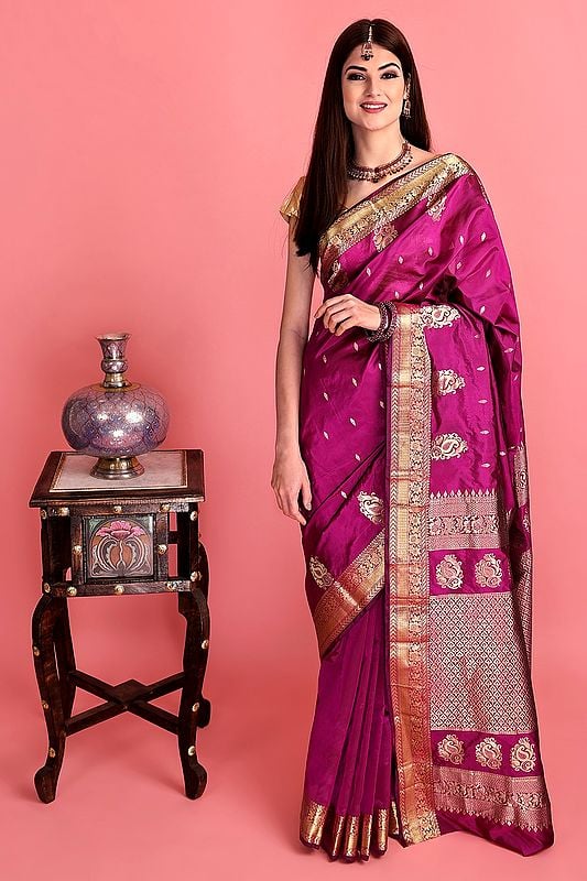 Magenta Hand Woven Uppada Silk Sari From Bangalore with Golden Thread Weave