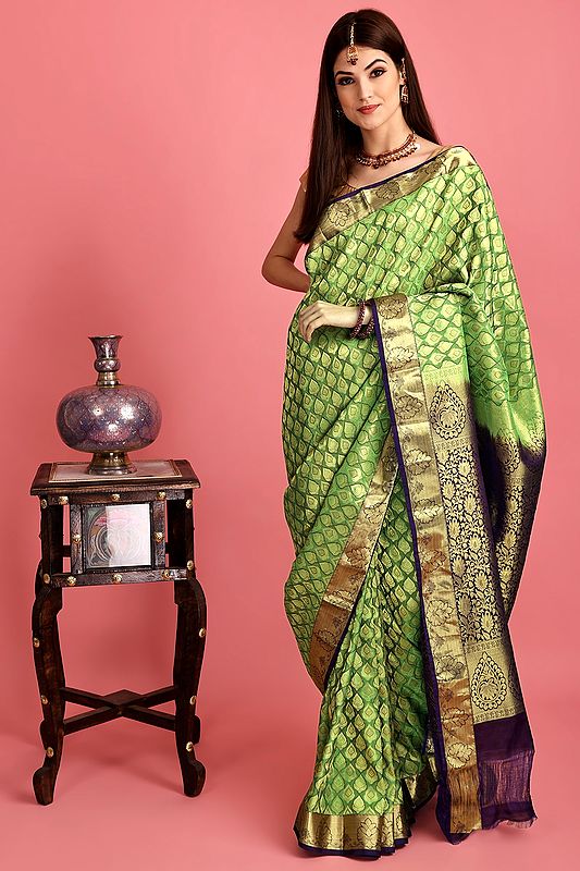 Vibrant-Green Hand Woven Silk Sari From Bangalore Golden Bootis All-over