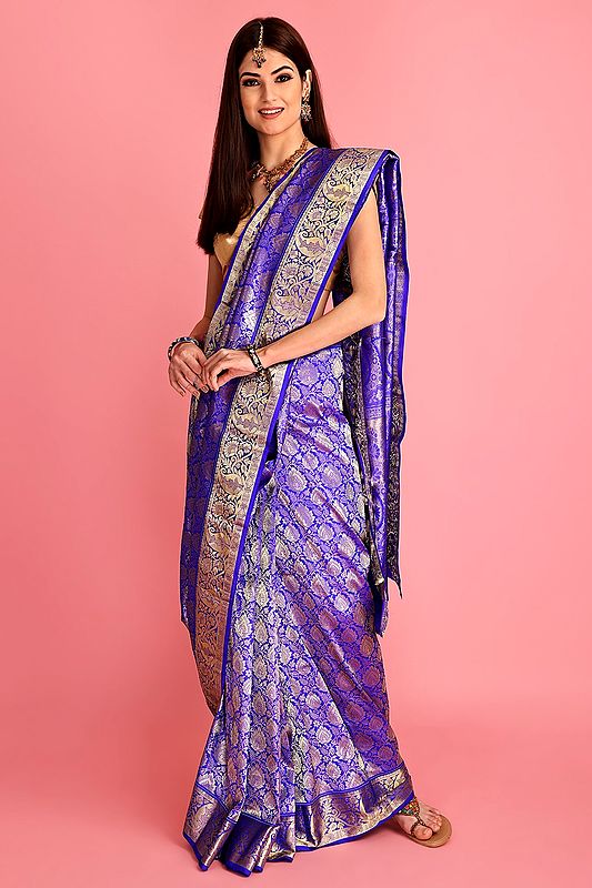 Vibrant-Blue Hand Woven Pure Silk Sari From Bangalore with Paisleys on Border