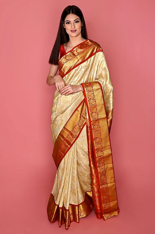 Ivory and Red Handloom Pure Silk Sari From Bangalore with Brocade Weave