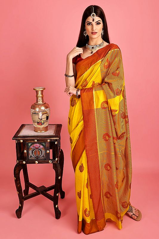 Radiant-Yellow  Hand Woven Poly Silk Saree From Chennai