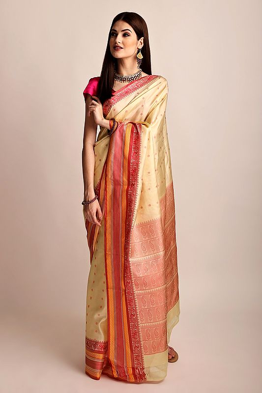 Beige & Hot-Pink Hand Woven Pure Silk Sari From Chennai