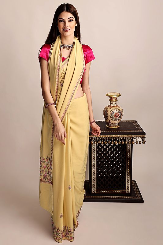 Honey-Peach Crepe Sari From Kashmir with Multi-colored Sozni Embroidery by Hand