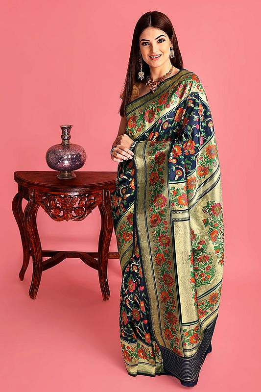Navy-Blue Handloom Pure Silk Banarasi Sari with Kadhwa Woven Flowers All-over