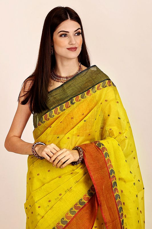 Misted-Marigold Pure Cotton Hand Woven Tant Sari from Bangal