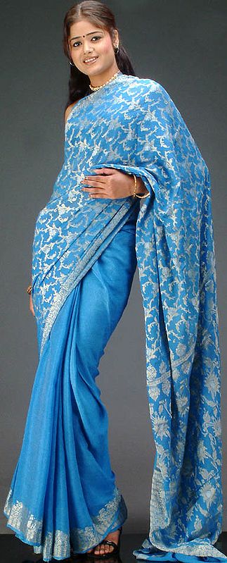 Sea-Blue Banarasi Crush Sari with Jaali Weave