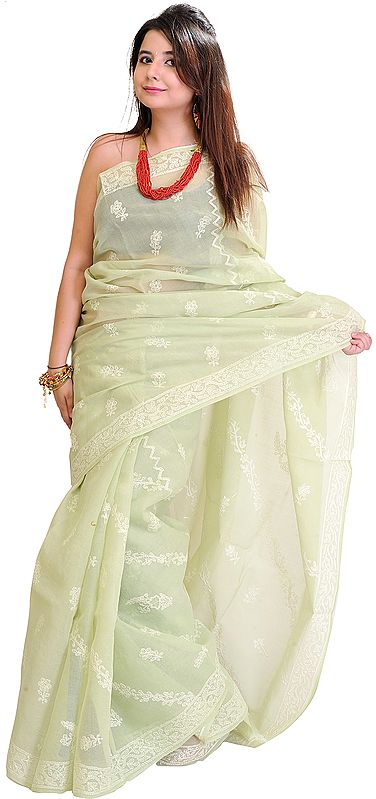 Seafoam-Green Sari with Lukhnavi Chikan Embroidery by Hand