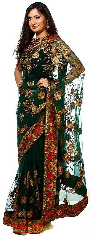 Sea-Green Designer Sari with All-Over Metallic Thread Embroidered Flowers and Patch Border