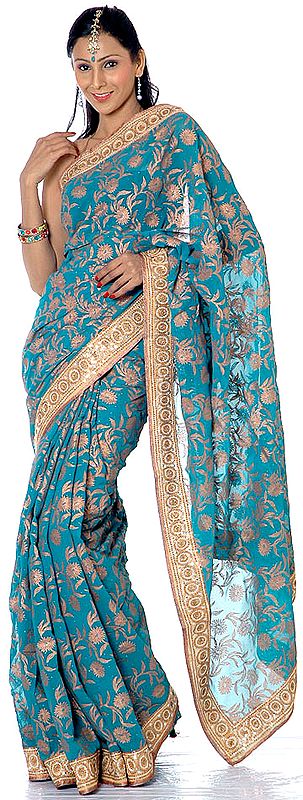 Sea-Green Sari with All-Over Large Painted Jaal and Sequined Border