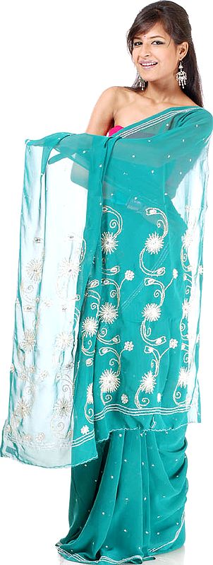 Sea-Green Sari with All-Over Sequins and Beads