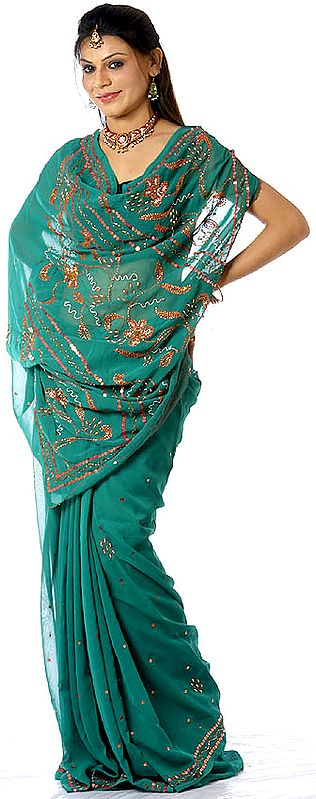 Sea-Green Sari with Embroidered Sequins and Beads