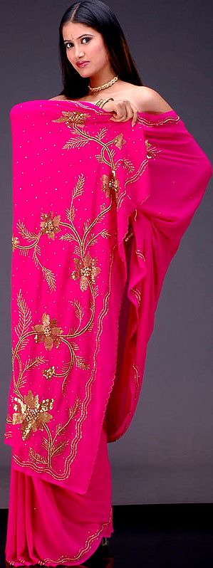 Sequined Fuschia Sari with Beadwork