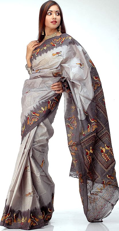 Silver Gray Tussar Silk Sari with Kantha Stitch Embroidery
