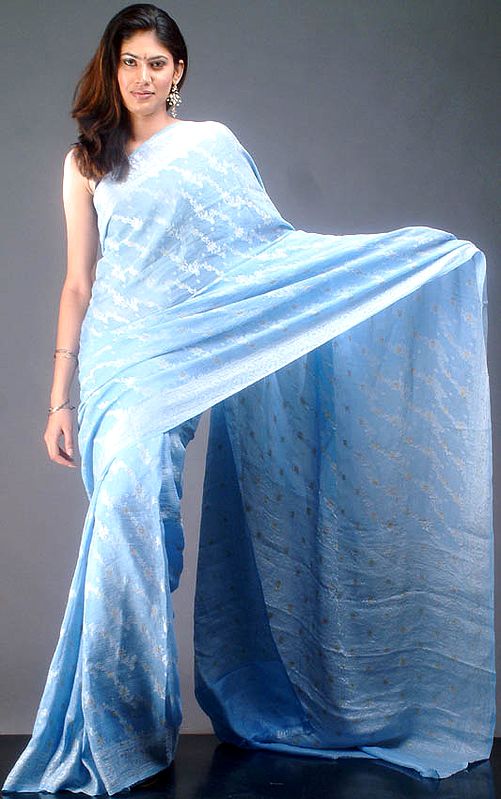 Sky-Blue Banarasi Crush Sari with Floral Weave