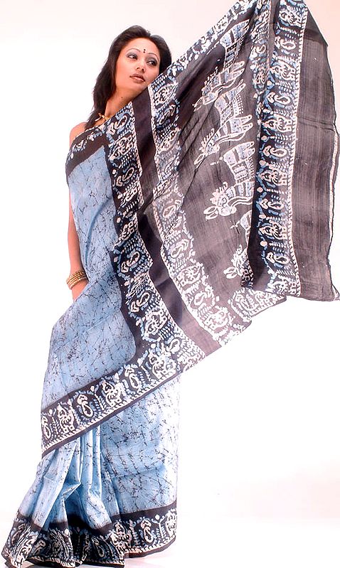 Sky-Blue Batik Sari with Horse Motif