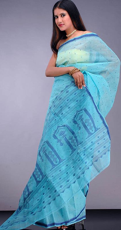 sky-Blue Dhakai Sari with All-Over Bootis