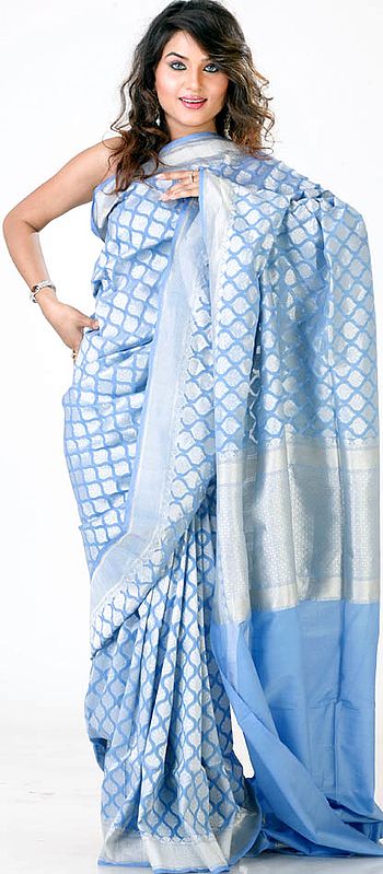 Sky-Blue Jamdani Sari from Banaras with All-Over Golden Zari Weave