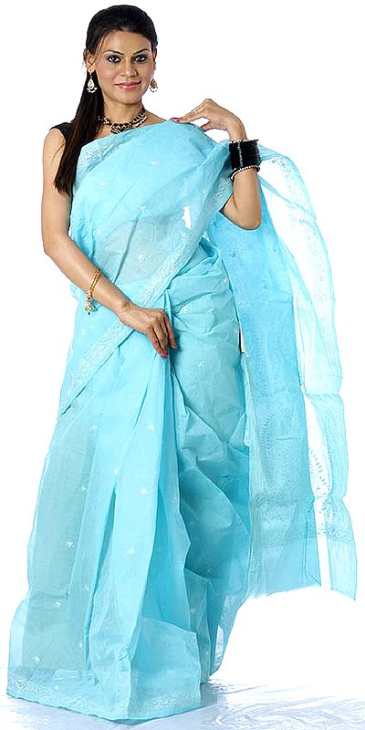 Sky-Blue Kantha Embroidered Sari from Bengal