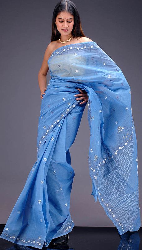 Sky-Blue Kantha Stitch Sari