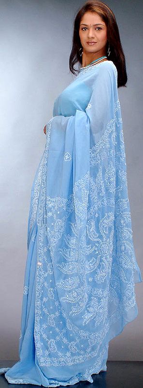 Sky-Blue Lukhnavi Chikan Sari