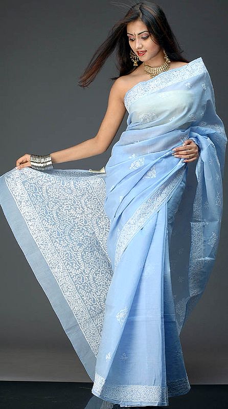 Sky-Blue Lukhnavi Chikan Sari