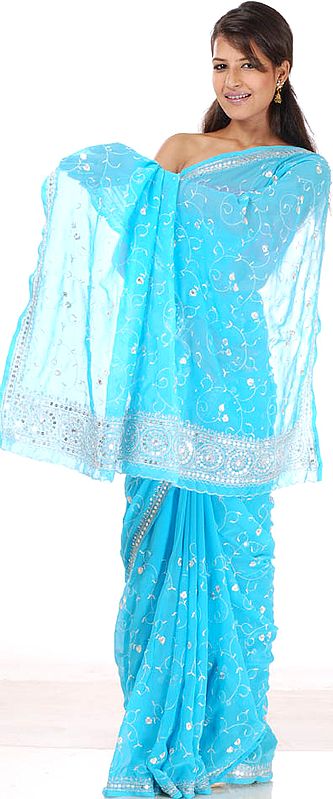 Sky-Blue Sari with All-Over Silver Thread Embroidery and Sequins