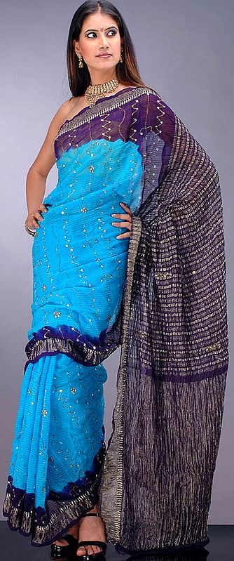 Sky-Blue Sari with Golden Thread Work