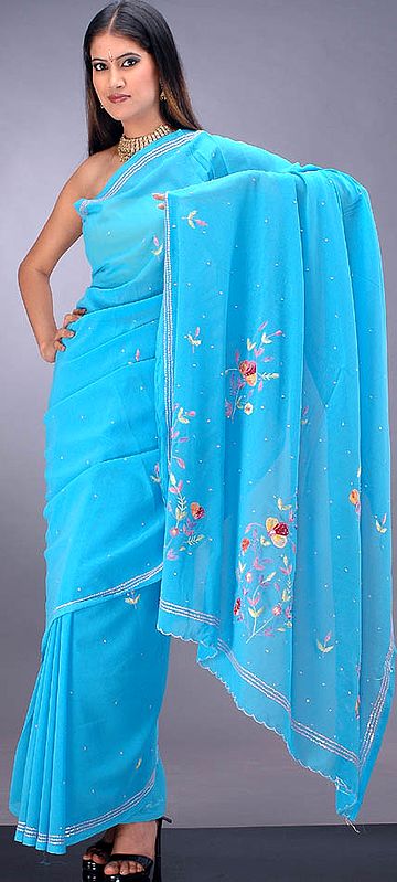 Sky-Blue Sari with Thread-Work