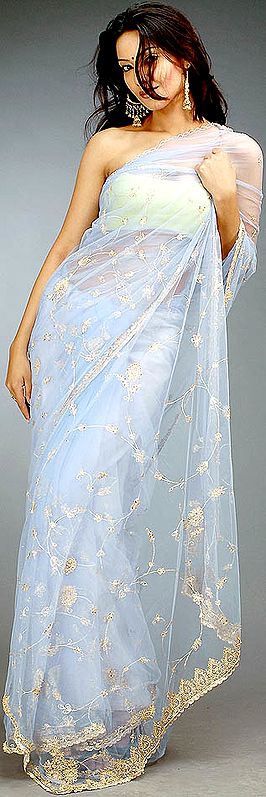Sky-Blue See-Through Sari with Sequins and Threadwork