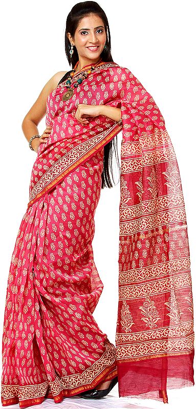 Slate-Rose Chanderi Sari with All-Over Block-Printed Bootis