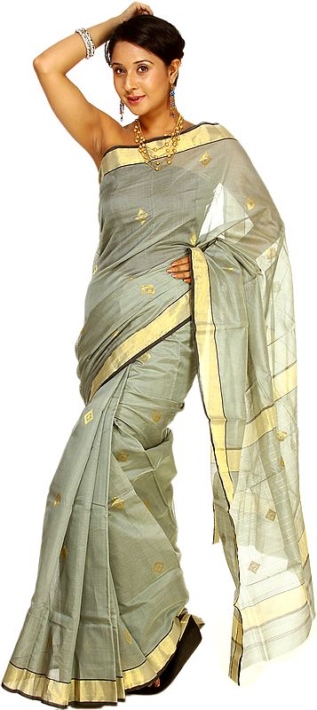 Smoke-Gray Chanderi Sari with Woven Rhomboids All-Over and Golden Border